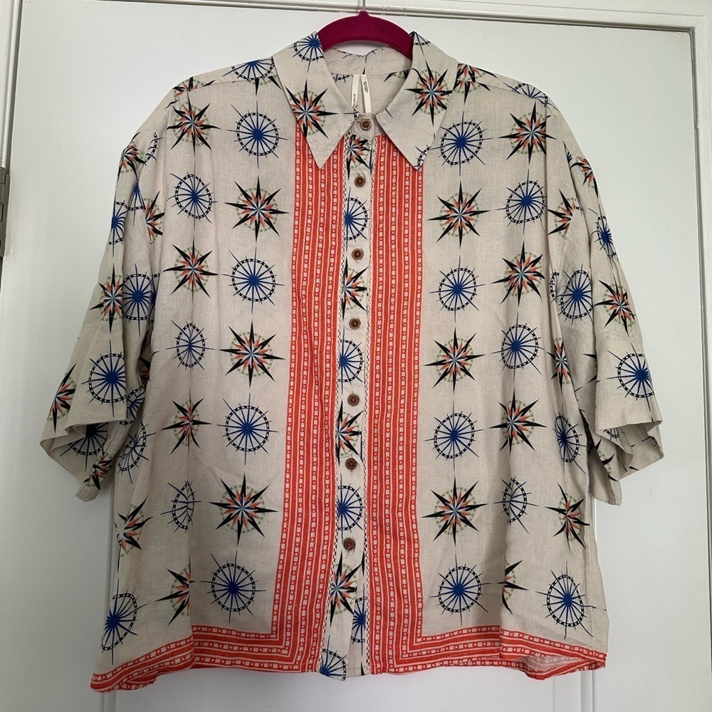By Anthropologie Short-Sleeve Linen Buttondown Shirt Star Geometric Print Sz XS - Picture 5 of 10
